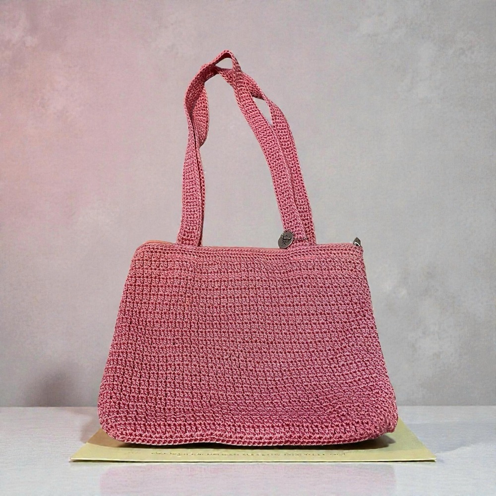 The Sak Crochet Shoulder Pink Tote Purse Lined Nylon Summer Hippie Beach Casual - Picture 2 of 9